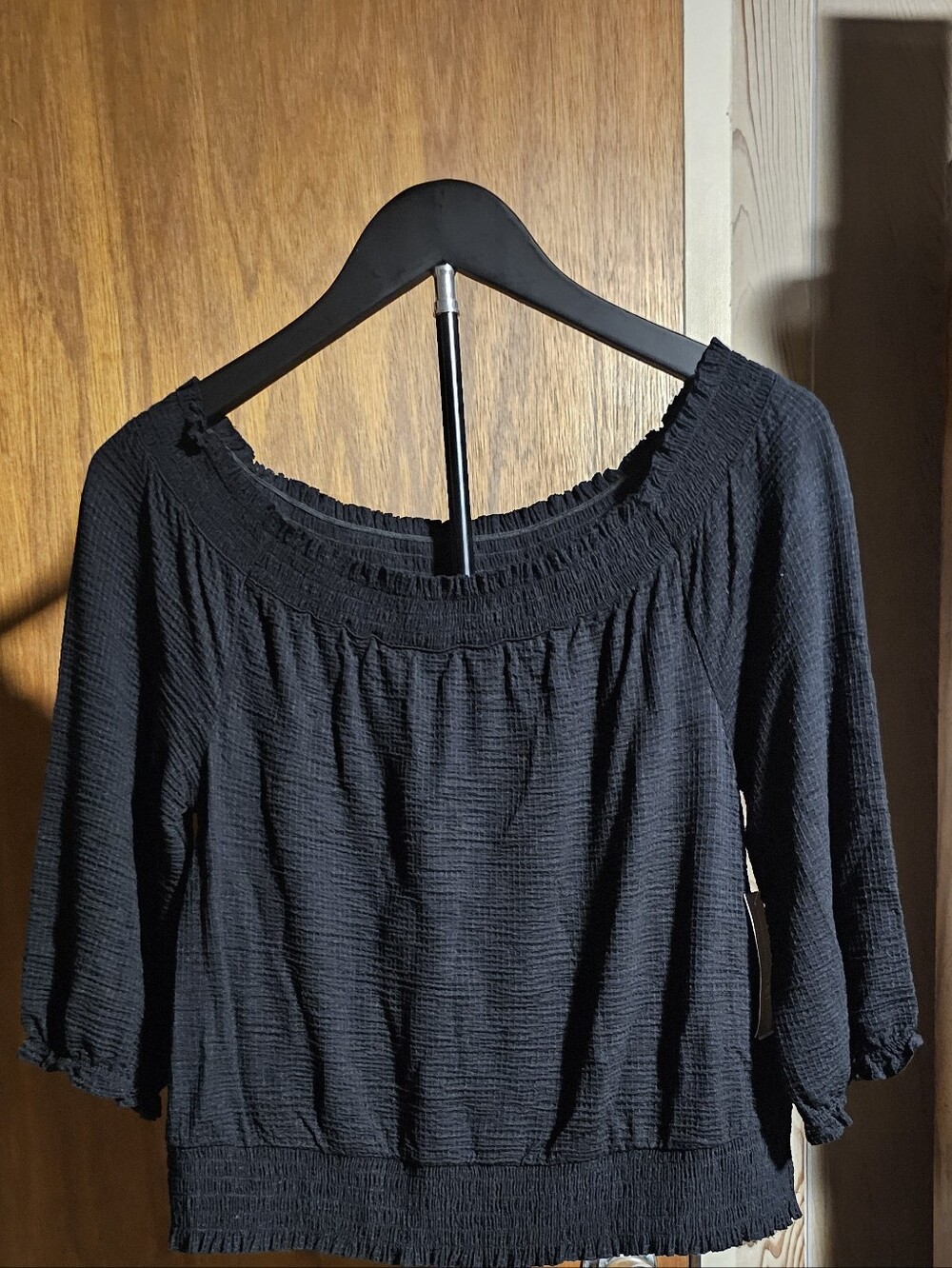 INC International Concepts Black Smocked Peasant Blouse